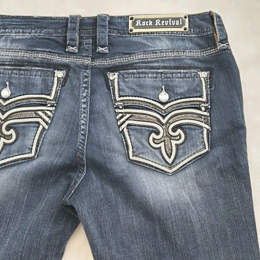 Rock Revival Amphora Bootcut Jeans Size 34 Dark Wash Rhinestone Flap Pockets Y2K
